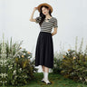 Apricot knitted striped stitching A-line long skirt French slim dress